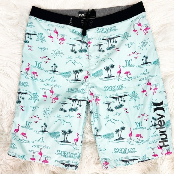 HURLEY GREEN FLAMINGO PRINT SWIM BOARD SURF SHORTS MENS SZ 30 - Picture 1 of 4